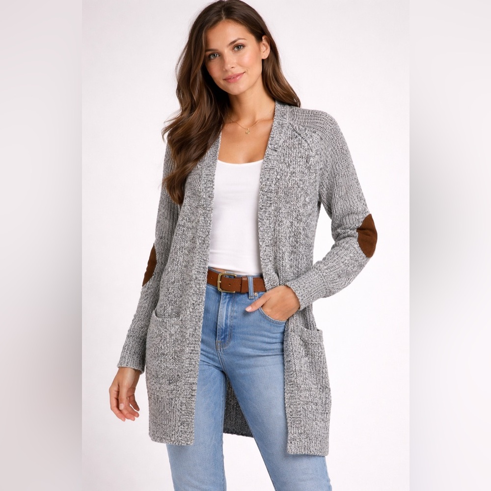 RDI‎ Long Open Cardigan Sweater Gray Knit Elbow Patch Cotton Blend women’s XS